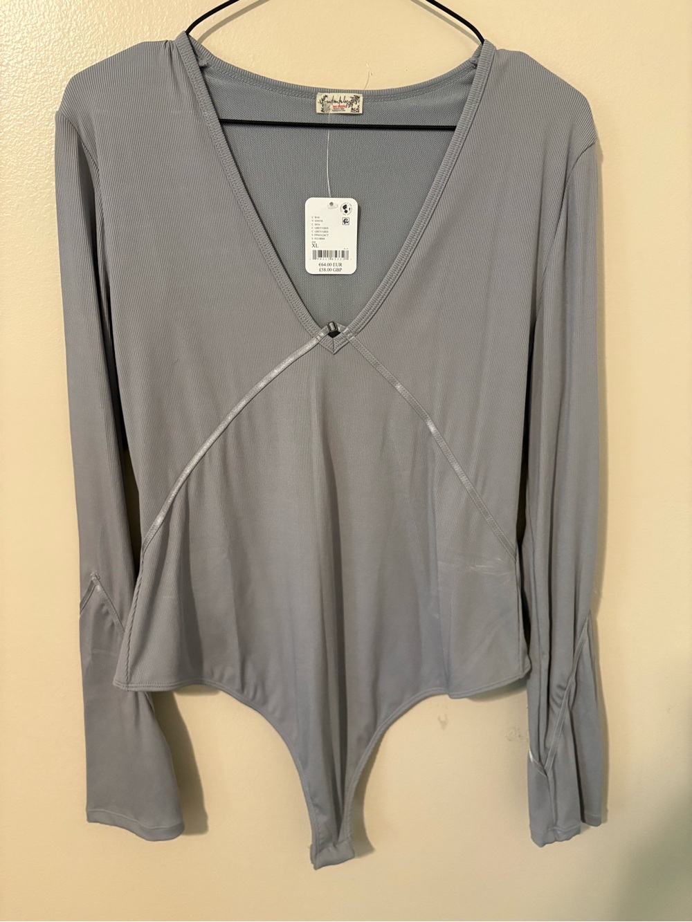 Free People Victoria NWT Plunge Seamed Ribbed Long Sleeve Bodysuit Top Grey XL - Picture 2 of 6